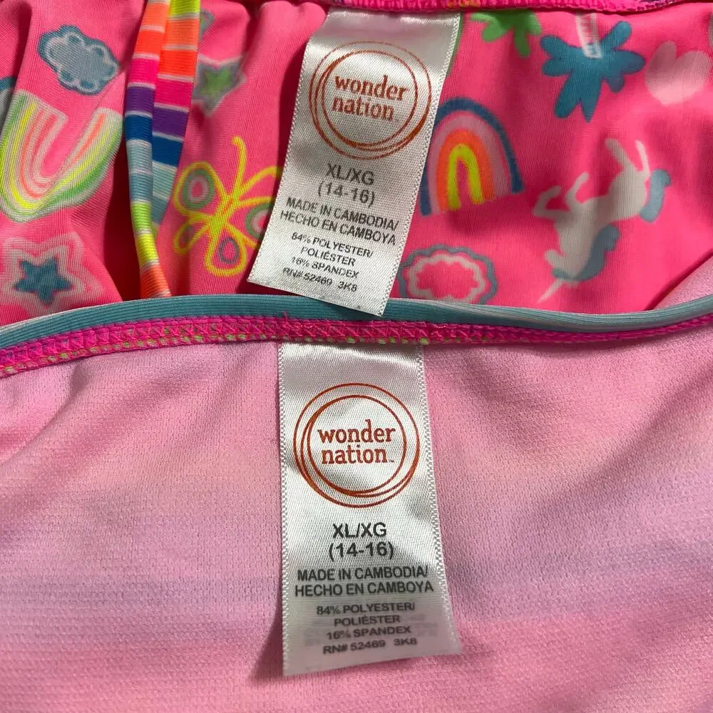 Wonder Nation Girls Tankini Swimsuit 2 Piece Set Rainbow Unicorn Stripes XL